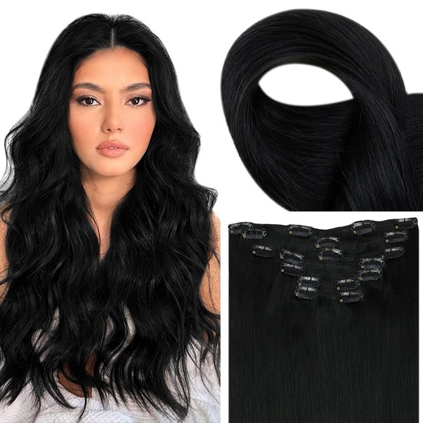 Fshine Real Hair Extensions, 50 cm, 20 Inches, 120 g, 7 Pieces, Deep Black Clip-In Extensions, Remy Hair Extensions, Natural Real Hair Extensions #1
