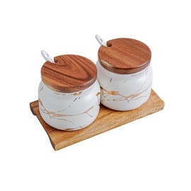 MAGICVOGEL Set of 2 Marble Look Spice Jars with Lid and Spoon, Round Ceramic Spice Containers, Sugar Jars with Tray, Spice Holder for Sugar, Salt, Spices, Herbs (White)