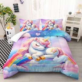 Ntlfup Unicorn Kids Bedding Set for Girls Queen Size, Pink Unicorn Rainbow Comforter Set, Bedroom Decor with 2 Pillowcases for All Season