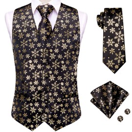 Dubulle Waistcoat and Ties for Men Christmas Mens Vest Snowflake Reindeer Necktie and Pocket Square Set Party,black gold,3XL