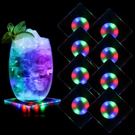 Viitech 8 Square Colourful LED Coasters for Drinks, 10 cm, 3 Lighting Modes, Luminous Coasters, Acrylic Coasters, Luminous for Glasses, Bottles, Parties, Weddings, Bar, Christmas