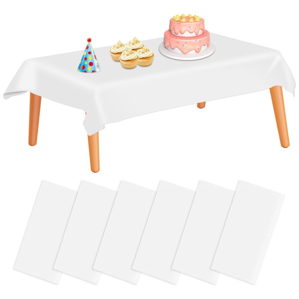 6 Pack Disposable Tablecloths, 53.97"x107.87" Party Tablecloths Rectangle Table Covers for Wedding Birthday Parties Picnic Christmas Baby Shower Decorations White