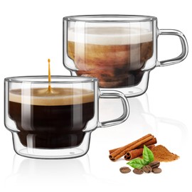 glastal Stackable Glass Cups 4 oz Espresso Glasses Double Walled Espresso Cups Glass Set of 2, 120ml Coffee Glasses Tea Glasses Espresso Cups Set for Tea, Milk, Gifts for Women Man - German Quality