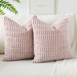JOTOM Pack of 2 Corduroy Soft Striped Cushion Covers 40x40 cm 16x16 Inch Boho Decorative Throw Pillow Covers Square Cushion Case Home Decor Pillow Cases for Couch Sofa Living Room Bed (Pink)