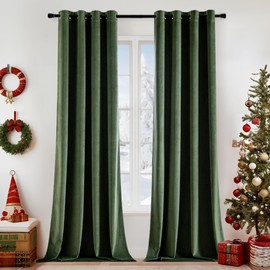 EMEMA Christmas Olive Green Curtains 63 inch Length Elegent Velvet Curtains Grommet Thermal Insulated Room Darkening Home Decoration Window Drapes for Living Room Bedroom W52 x L63 2 Panels
