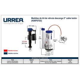 Urrea K06P07D2 Válvula para Tanque de WC de Descarga Dual con Cable y Botón, 2“, Cuerpo ABS