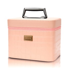 Sluxa Fashion makeup box, Portable leather hard cosmetic case with mirror, Professional train case make up box for women adults. (Pink)