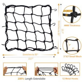 2 Pack of 15.7"x15.7" Bungee Cargo Net Stretches to 30"x30" Elastic Motorcycle Luggage Bungee Netting with 12 Metal Hooks Stretchable Bungee Cord Mesh Load Net Bike Paddle Board Quad Canoe Moped ATV
