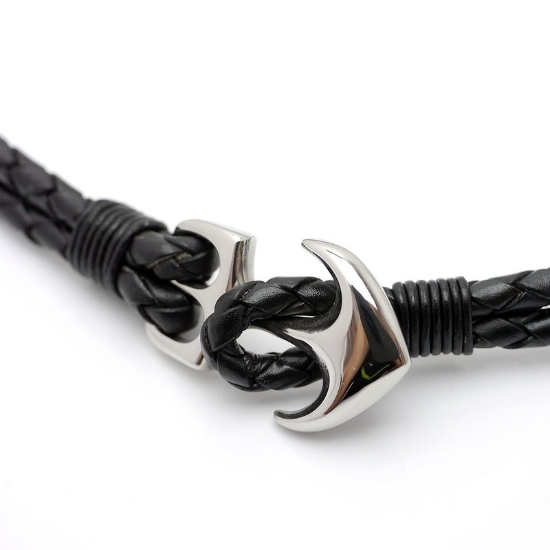 Silver One ko Front Hook Leather Choker Anchor Genuine Leather