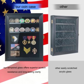 Military Challenge Coin Display Case with Medals Display 11x14IN Shadow Box with HD Toughened Glass, Wall Mount & Removable 2 Grooves Shelves, Coin Holder for Souvenirs, Solid Wood Frame