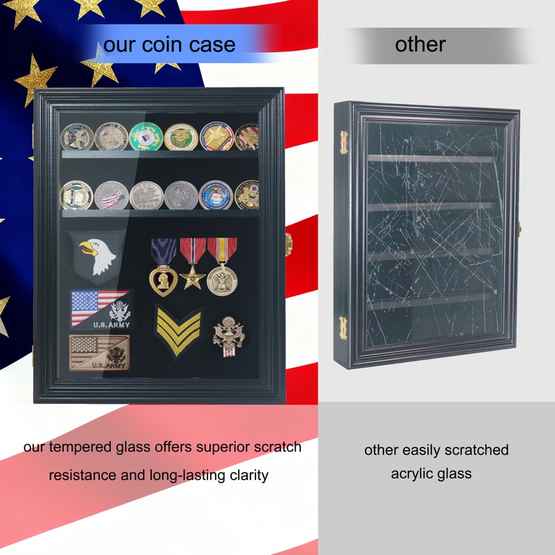 Military Challenge Coin Display Case with Medals Display 11x14IN Shadow