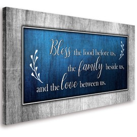Christian Wall Art Decor Blue and Grey Canvas Prints Bless The Food Quote Wall Pictures Framed Artwork for Home Living Room Dining Room Kitchen Decorations