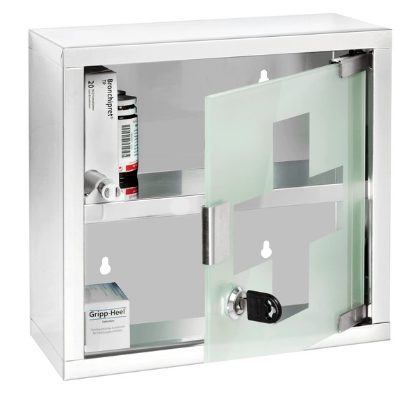 WENKO Medicine Cabinet with Lock, Wall mounted Bathroom Storage, Hanging Medical Cabinet, First Aid Wall Cabinet with Safety Glass Door, Modern, Small, 9.8 x 9.8 x 4.7 in, Silver Shiny