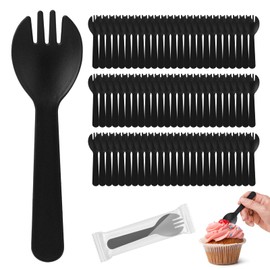 Cofimkate 100Pcs Mini Plastic Spork, 4.2 Inch Individually Wrapped Disposable Cutlery, Small Black Fork Spoon Combo for Desserts, Ice Cream, Cakes, Appetizer, To-Go & Party Use
