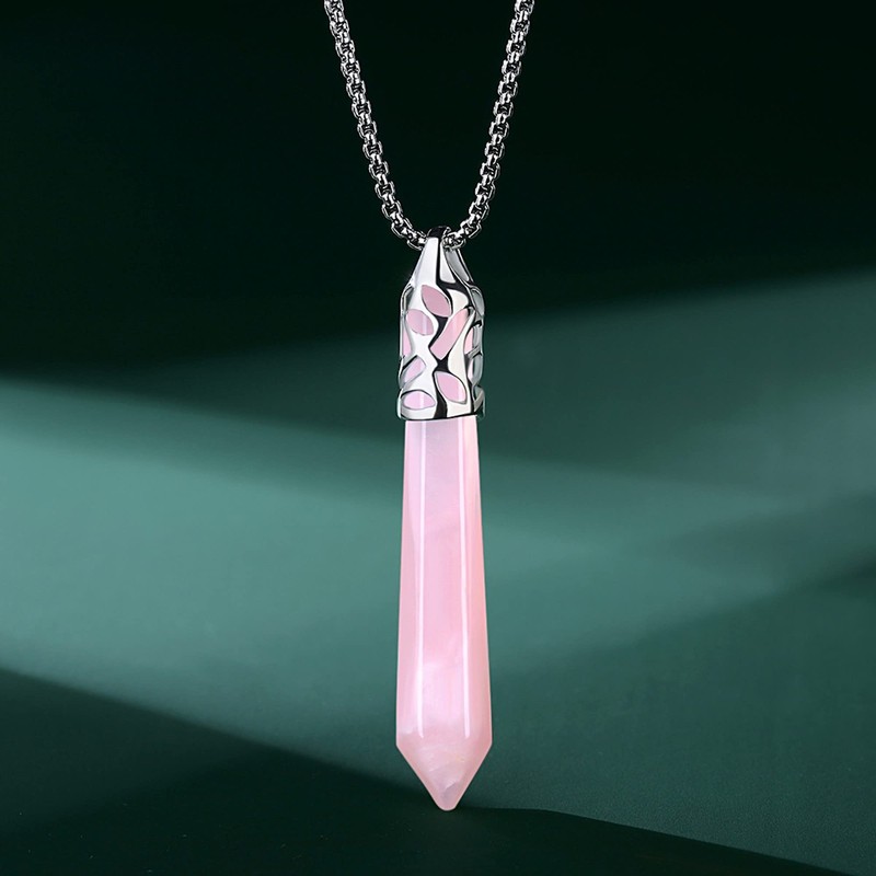 QINJIEJIE Collar de cuarzo rosa con piedras hexagonales reales y