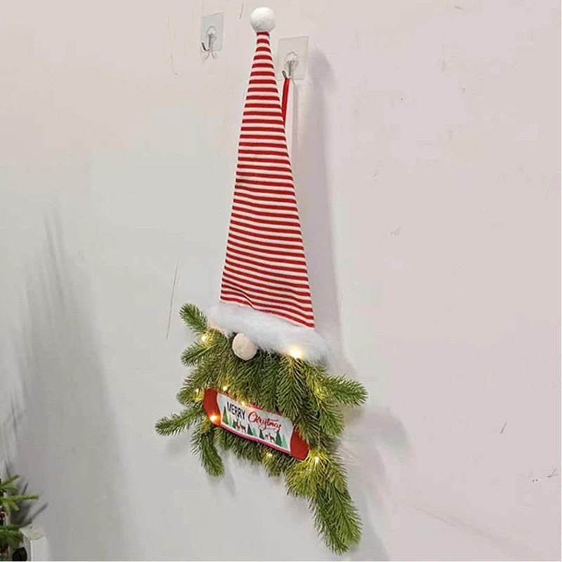 Upside Down Xmas Wreath Striped Tall Hat Faceless Doll Light