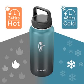 Coolflask Water Bottle 32 oz 940ml Insulated with Straw, Stainless Steel Metal 3 Lids Water Flask Wide Mouth for Sports or Office, BPA-Free Keep Cold Up to 48 Hrs or Hot Up to 24 Hrs, Samurai Cyan