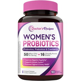 Doctor's Recipes Women’s Probiotic, 90 Caps 50 Billion CFU 16 Strains, with Organic Cranberry, Digestive Immune Vaginal & Urinary Health, Shelf Stable, Delayed Release, No Soy Gluten Dairy