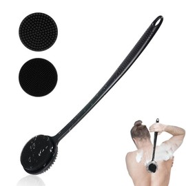 Silicone Back Scrubber for Shower, New Update Bath Body Double Sided Brush with Long Handle for Shower Exfoliating and Massage Can Produce More Rich Foam for Men and Women - Color: Black