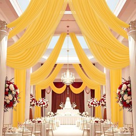 DUOBAO Chiffon Ceiling Drapes 20FT 6 Panels Gold Sheer Wedding Backdrop Curtains for Indoor Events Banquet Hall Tent Drapery Soft Draping Fabric for Arches Christmas and Photography