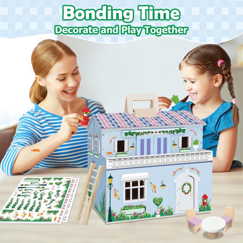 SIMPLIPLAY Wooden Dollhouse, DIY Portable Pretend Play Doll House Set