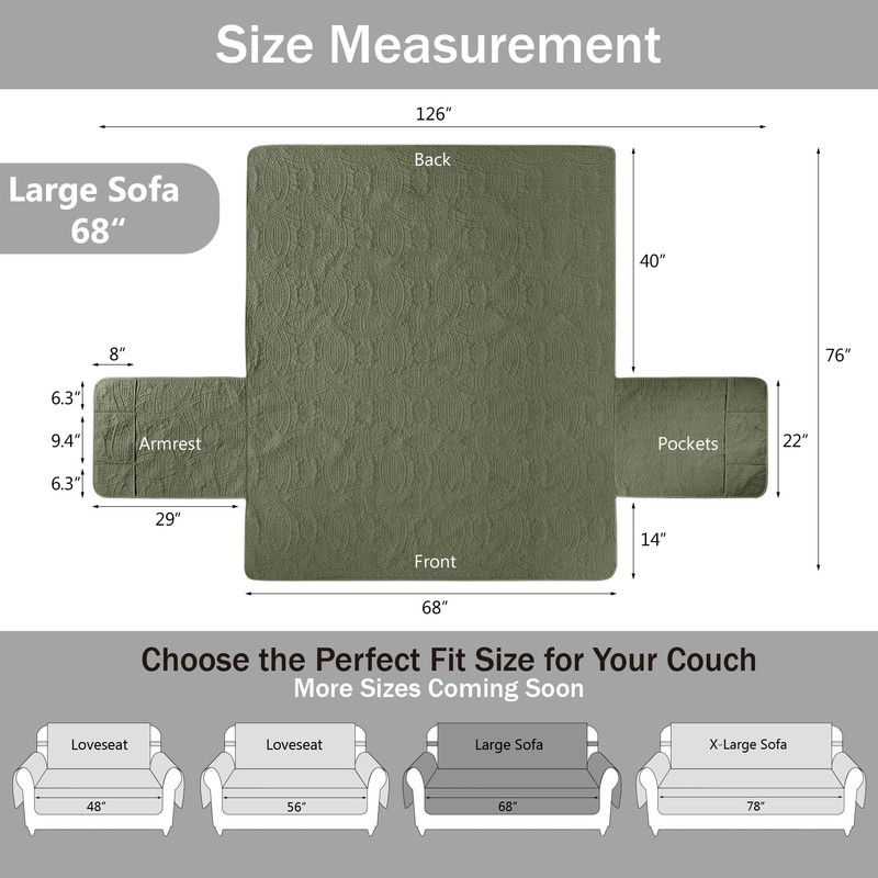 Quilted Olive Green Sofa Slipcovers with Pockets, Anti-Slip Medallion Couch