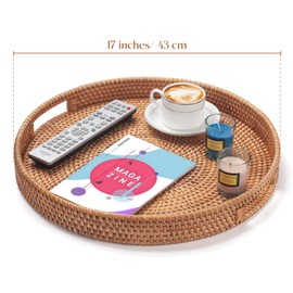 Rattan Large Serving Tray, Wicker Round Fruit/Bread Serving Basket, Extra Large Decorative Ottoman Tray for Living Room, Coffee Table, Breakfast, 16.9 inch