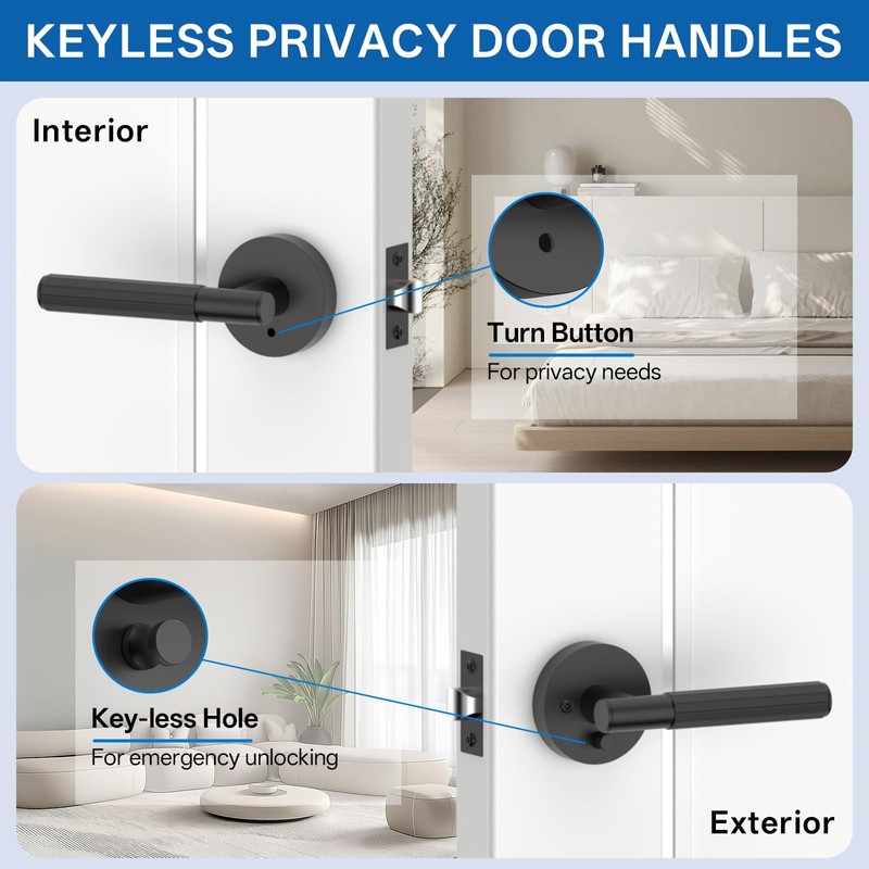 Amerdeco 4 Pack Matte Black Door Handles Interior,Knurled Privacy Door