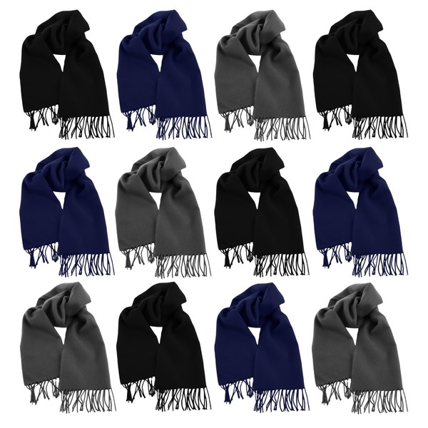 12 Pack Fleece Winter Scarves, Warm Winter Scarf Multi-color Bulk Wholesale, Unisex Men Women (Assorted Black/Navy/Gray)