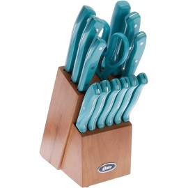 Oster Evansville 14 Piece Cutlery Set, Stainless Steel with Turquoise Handles