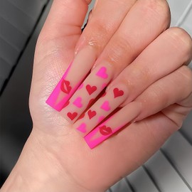 Heart Press on Nails Long Coffin Valentines Fake Nails, Pink French Red Hearts Lips Design Frosted Acrylic Nails Kit, False Nails New Year Fashion Nail Decorations 24 Pcs