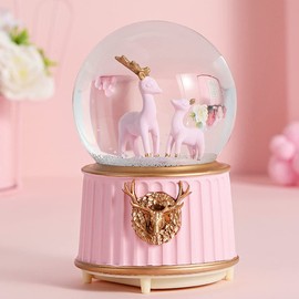 Qchomee Reindeer Music Box Musical Snow Globe Crystal Ball illuminated Musical Artware Melody Ornament Birthday Christmas New Year Gift Present Girls Kids Children Exquisite Desktop Ornament, Pink