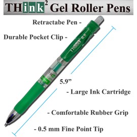 [24 Pens - Green Ink] Think2 Retractable Gel Pens. (24 Green) Fine Point (0.5mm) Rollerball Pens with Comfort Grip.