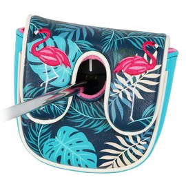 Golf Centre Shaft Mallet DF3 Putter Head Cover Headcover Magnetic Club Protector PU Leather Plant Leaves Printing Flamingo Embroidery