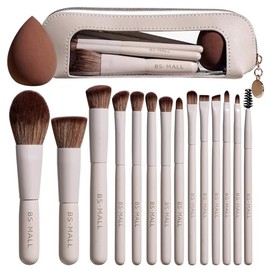 BS-MALL Juego de 14 brochas de maquillaje con 1 esponja: brochas esenciales para base, polvos, correctores, sombras de ojos y rubor, con estuche de vi