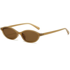 BAWUYI Retro Oval Sunglasses for Women Men Chic Small Narrow 90s Glasses Cat Eye Y2K Shades Trendy Sunnies, Olive Frame - Brown Lens