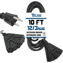 YOJOE 3-Outlets Indoor Outdoor Extension Cord, 3 Prong 15A Weatherproof Power Cord Multiple Outlets, 12 Gauge Heavy Duty 10 ft Black Extension Cord for Garage, Garden, 12/3 SJTW UL Listed