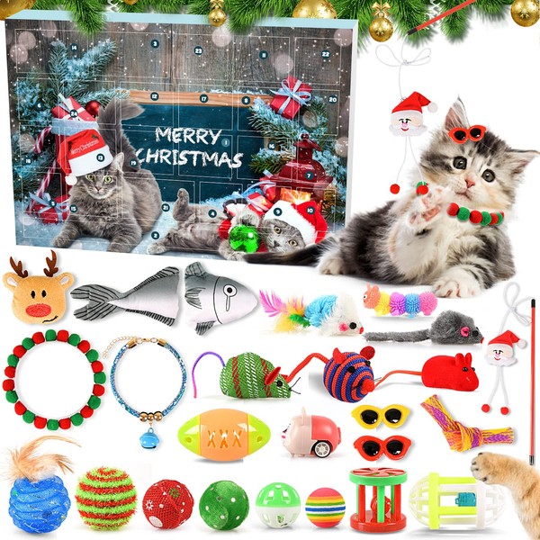 MOVINPE Cat Toys Advent Calendar 2023 Christmas for Kitten, 24Pcs Interactive Kitten Toys Cat Collars Assortments Cat Feather Teaser Wand, Catnip Fish, Mice, Balls and Bells for Puppy, Kitty Fur Kids