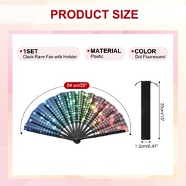 PATIKIL 13" Glitter Clack Rave Fan with Bag, Large Holder Folding Hand Fan Holder Handheld Fan for Women Edm Festival Club Party Dance, Dot Fluorescent