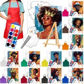 Cholemy 12 Sets Pre Painted Canvas Painting Kits for Adults 8'' x 10'' Pre Drawn Canvas Bulk Wood Easel Watercolor Paint Apron Brush Palette Afro Sip and Paint Party Valentine Date Night(Couple)