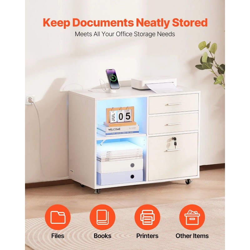 White 3 Drawer Wooden Mobile Filing Cabinet With Key Lock