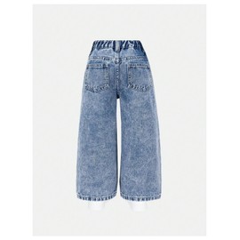 WDIRARA Toddler Girl's Cute Bow Graphic Baggy Jeans Elastic High Waist Wide Leg Denim Pants Medium Wash 7Y