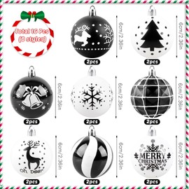 Aitsite 16 Pcs Christmas Baubles, Black and White Shatterproof Xmas Baubles Christmas Tree Decorations Large Christmas Balls Ornaments Hanging Christmas Decorations for Xmas Holiday Party Home