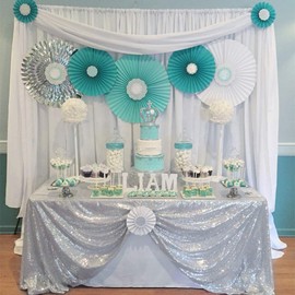 B-COOL 90x156 Inch Rectangle Sequin Tablecloth Silver Seamless Table Linens Glitter Tablecloth Wedding Event Decorations