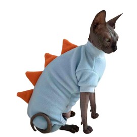 Four Leg Dinosaur Sphynx Cat Clothes Pjamas Hairless Cat Warm Polar Fleece Jumpsuit Elastic Pet Clothes for Sphynx Cat Surgery Recovery Suit Hairless Cat Shirt for Devon, Cornish (SkyBlue, Large)