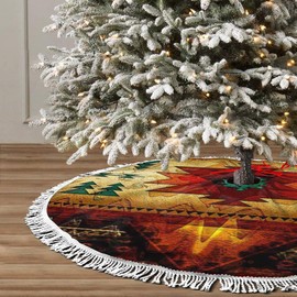 GHYGTY Christmas Tree Skirt 36" Inch Native American Indian Synthetic Xmas Tree Skirt Mat with White Tassel for Party Holiday, Tree Skirt Christmas Decorations