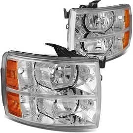 DNA MOTORING HL-OH-CSIL07-CH-AM Pair of Chrome Amber Headlights Compatible with 07-13 Silverado 1500/07-14 Silverado 2500 HD 3500