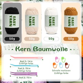 Häkelgarn für Anfänger, 4x50g, Kein Geteiltes Garn, Klobiges Baumwollgarn, Einfaches Strickgarn zum Häkeln, Stricken, Dickes, Sperriges Baumwollgarn für Anfänger(Beige + Braun + Weiß + Schwarz)