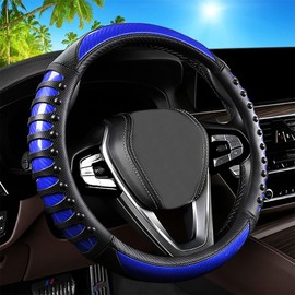 3D Blue Massage Car Steering Wheel Cover,14.5-15 Inch Universal Carbon Fibre Leather Covers Breathable Anti-Slip Odorless Steering Wheels Accessories for Men Women