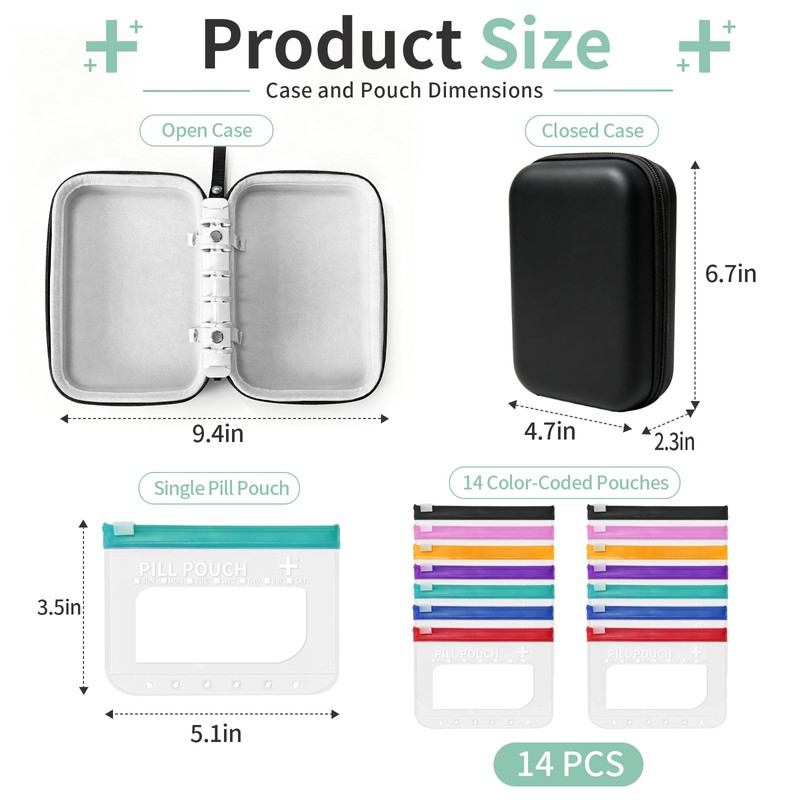 Travel Pill Organizer with 14 Reusable Pill Pouches,Black Hard Shell